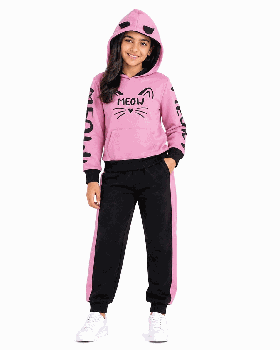 Meow with Ear Fleece Hoodie Tracksuit - Baby Pink &amp; Black
