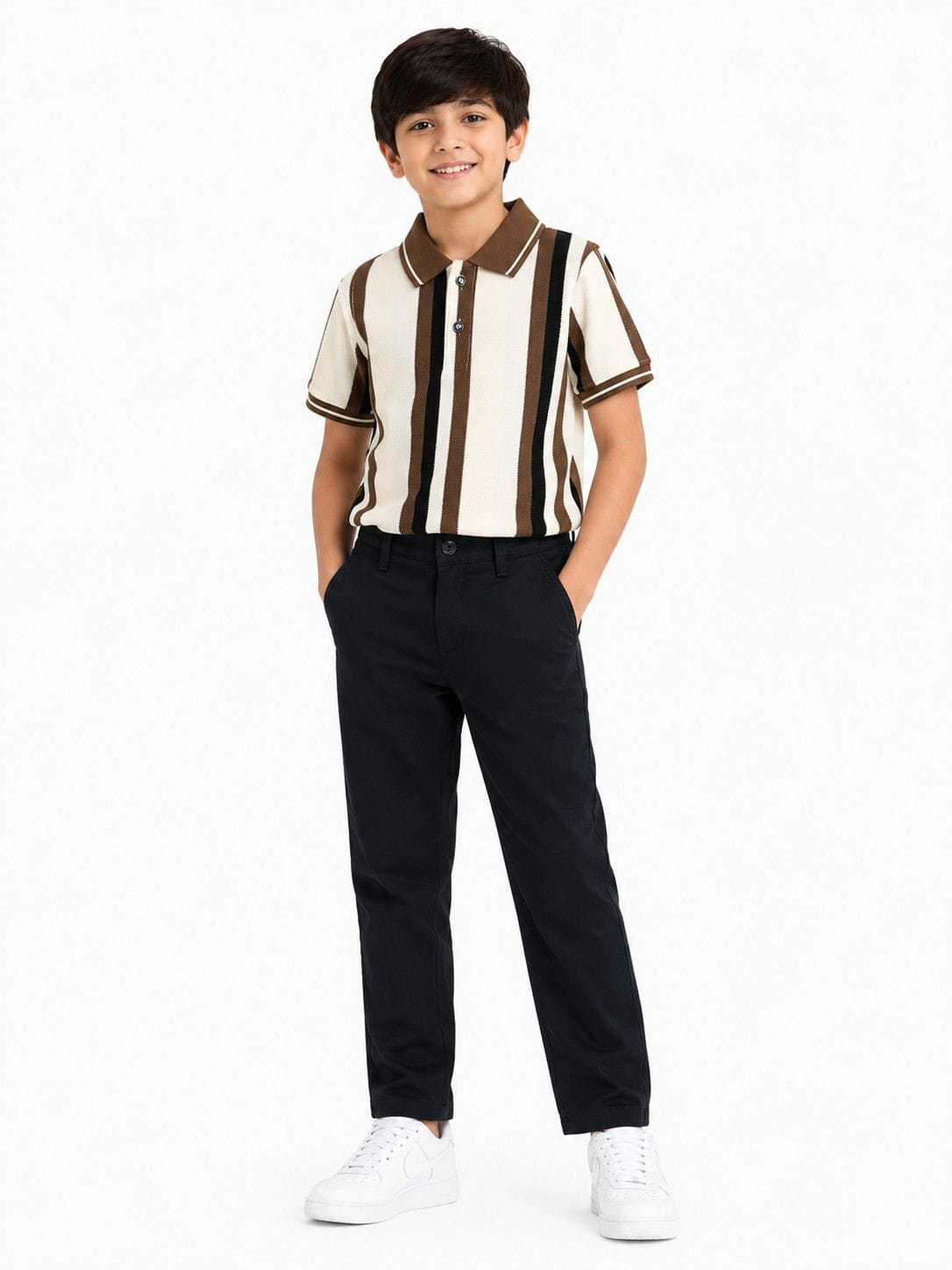 Premium Brown & Black Stripes Polo Shirt Skin & Brown Shirt With Basic Slim Fit Twill Cotton Pant
