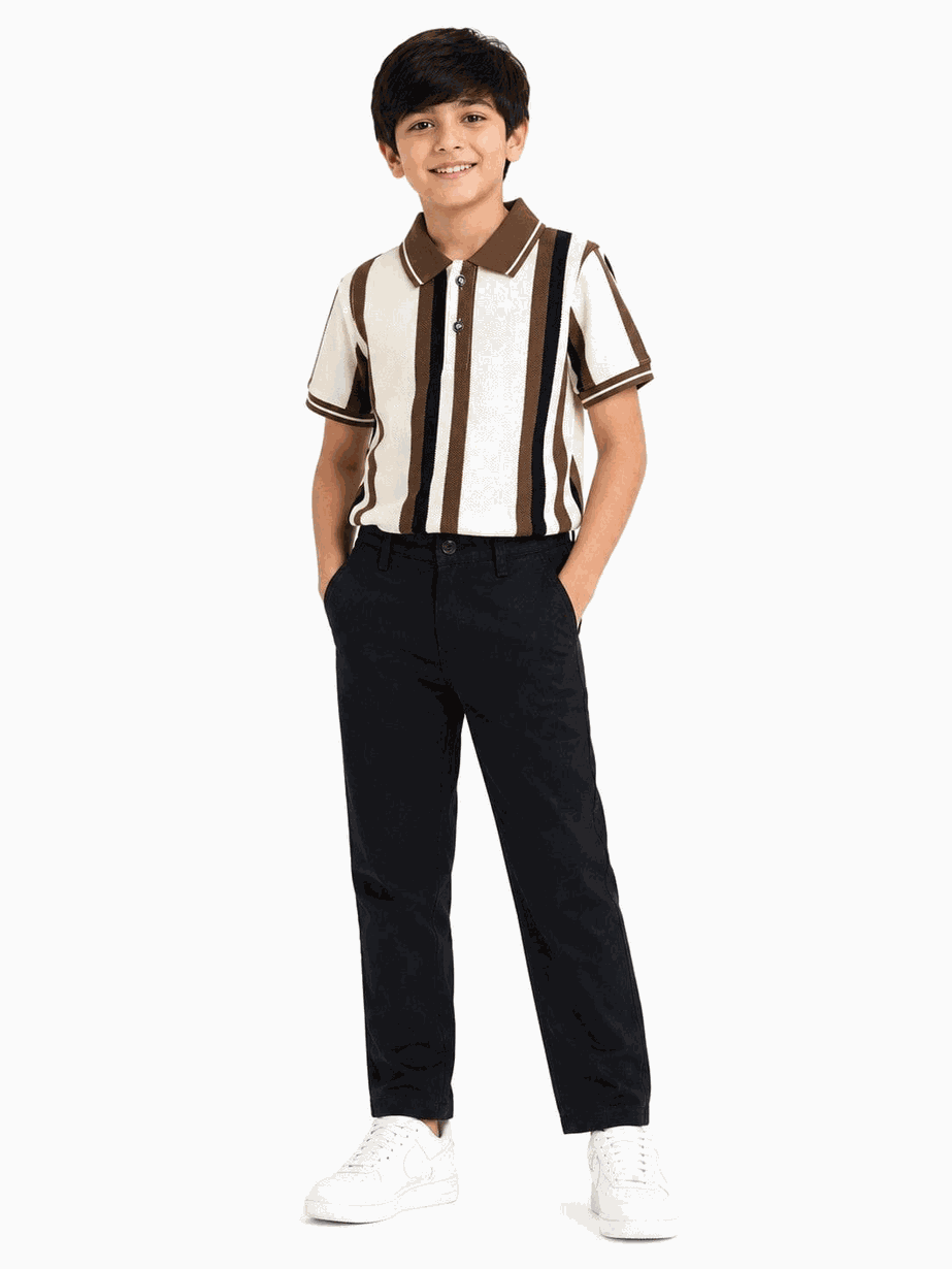 Premium Brown & Black Stripes Polo Shirt Skin & Brown Shirt With Basic Slim Fit Twill Cotton Pant