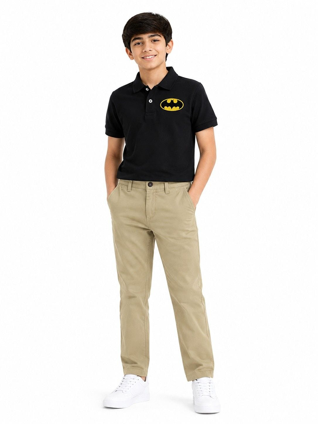 Bat Yellow Logo Polo Shirt With Basic Slim Fit Kids Twill Cotton Chino Pant