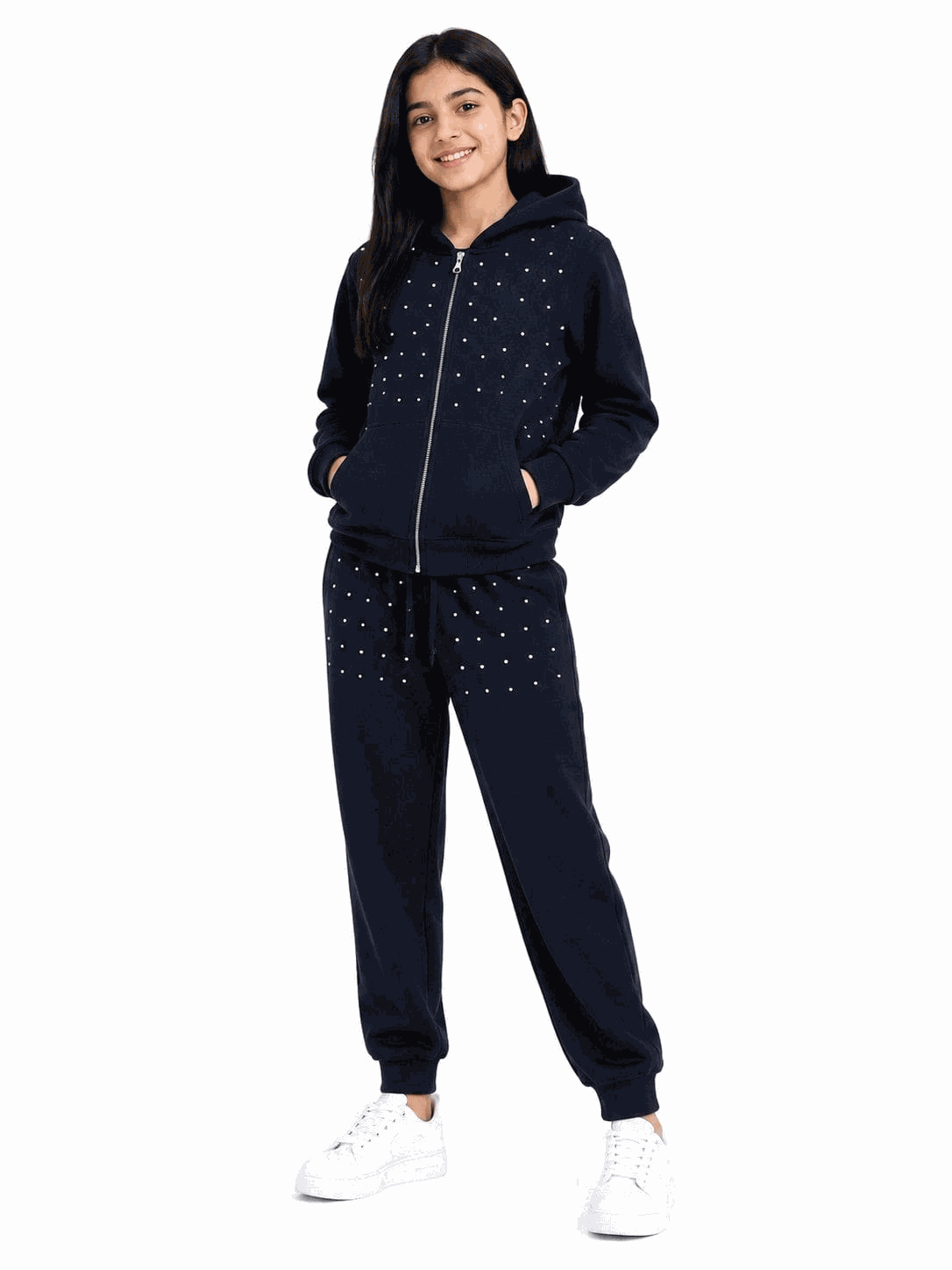 Hand Made Pearls Work Fleece Hoodie Tracksuit - Navy Blue