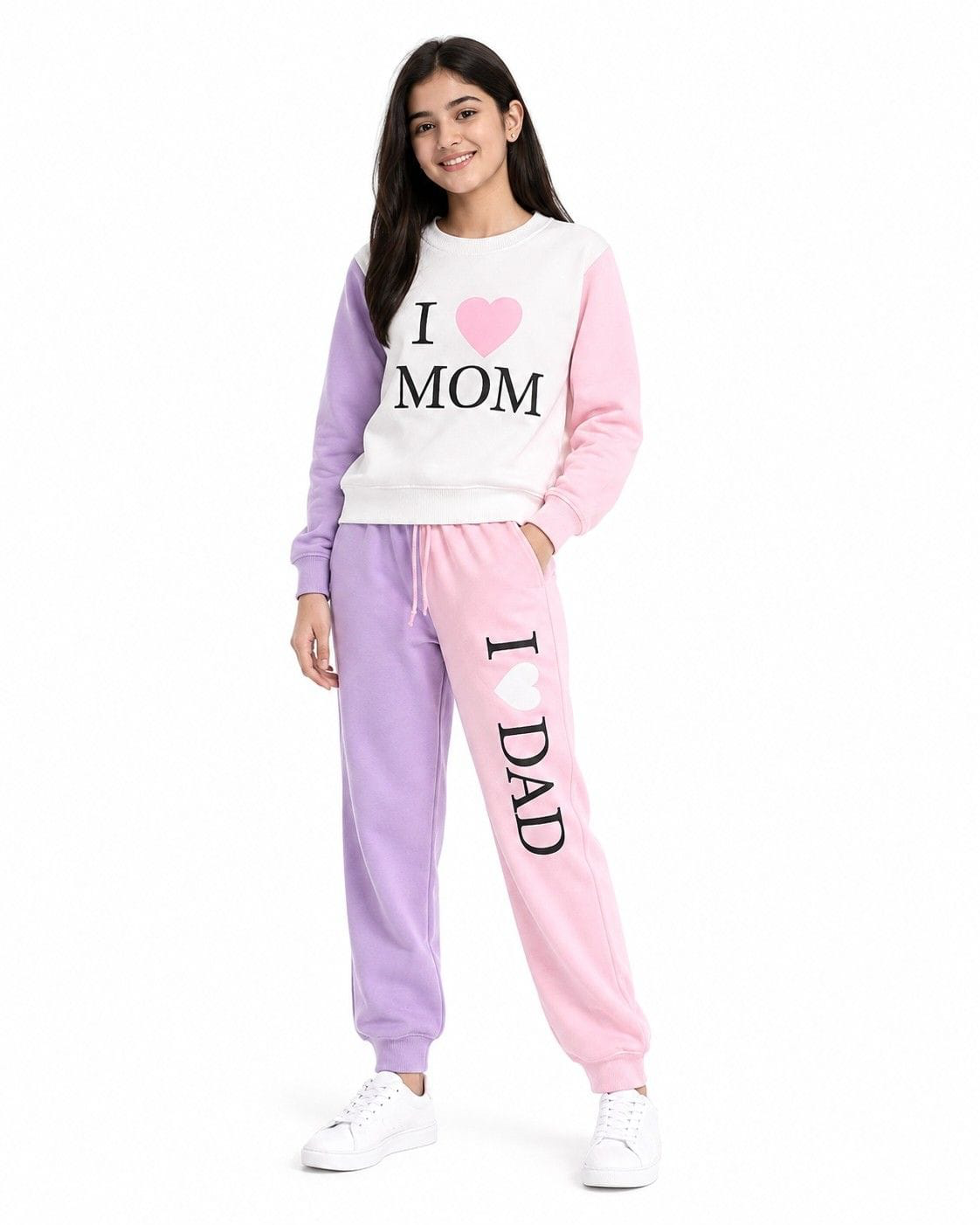 I Love Mom & Dad Fleecs Tracksuit - Pink White & purple