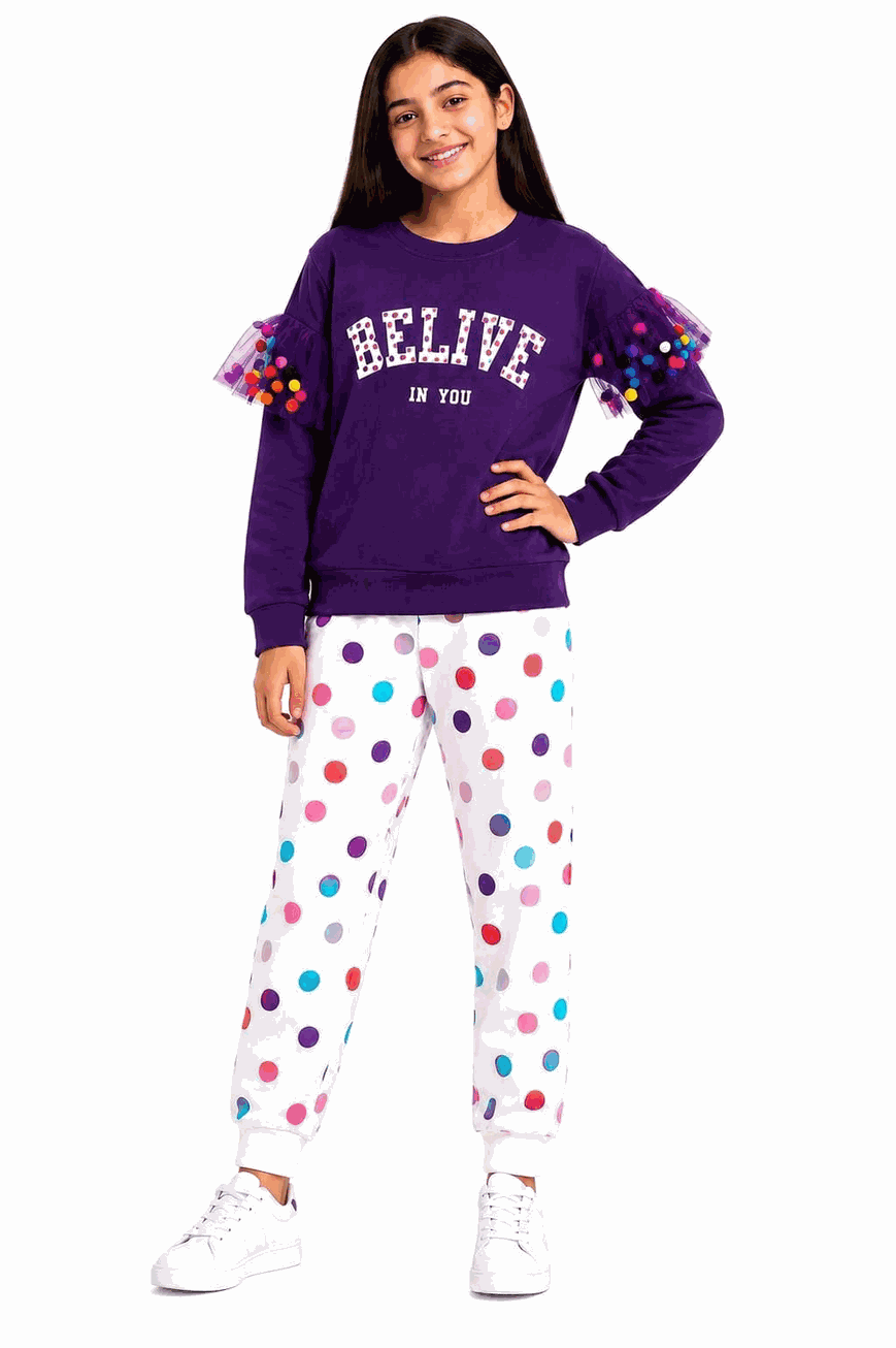Belive in Love Colorfull Balls Fleece Tracksuit - Purple &amp; White