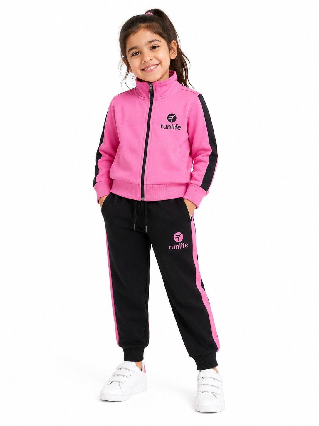 Run Life Mock Neck Zipper &amp; Penal Trouser Fleece Tracksuit - Pink