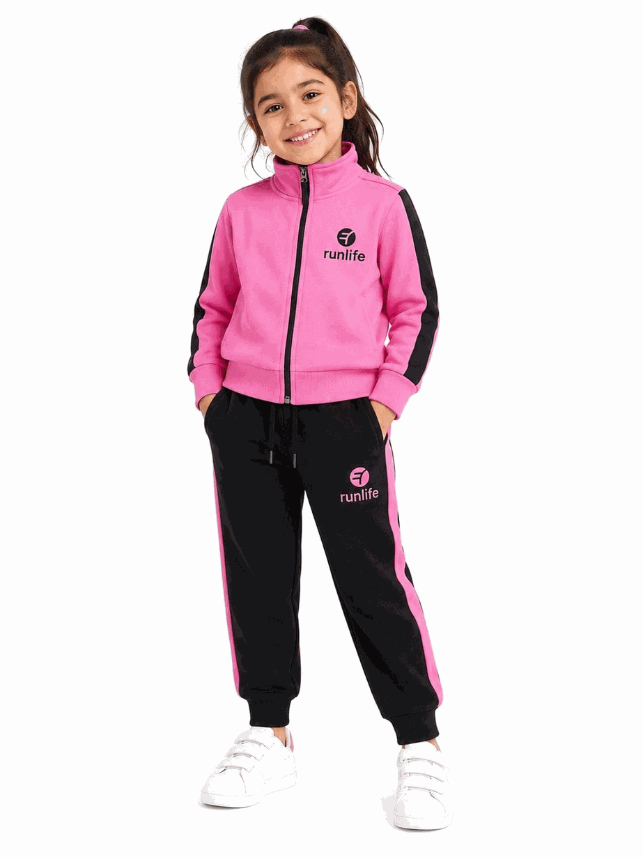 Run Life Mock Neck Zipper &amp; Penal Trouser Fleece Tracksuit - Pink
