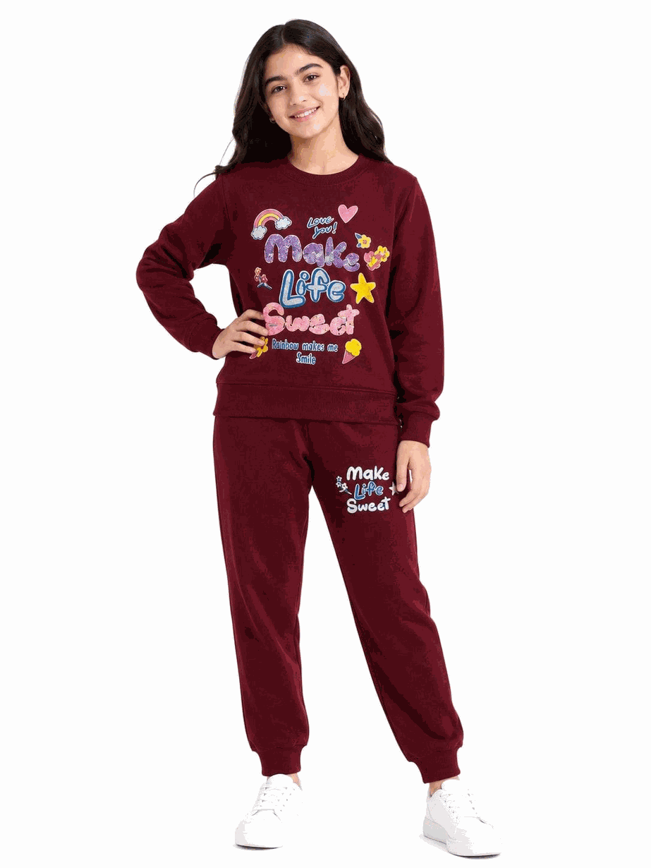 Make Life Sweet Sequins Fleece Tracsuit -Maroon