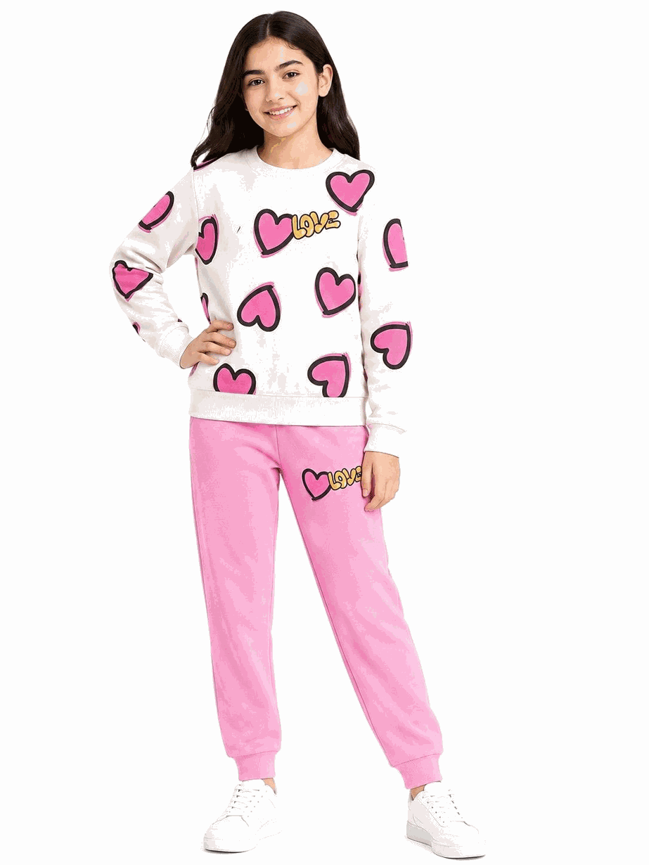 Love Hearts Over All Fleece Tracksuit -Skin & Pink