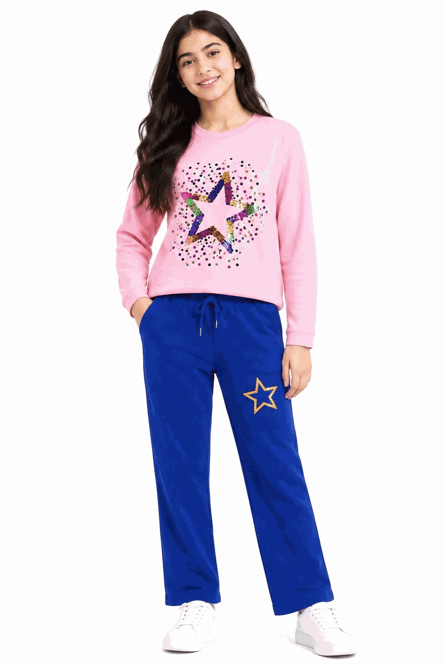 Colorful Sequence Star Full Sleeve Tee Shirt & Trouser - Pink & Dark Purple