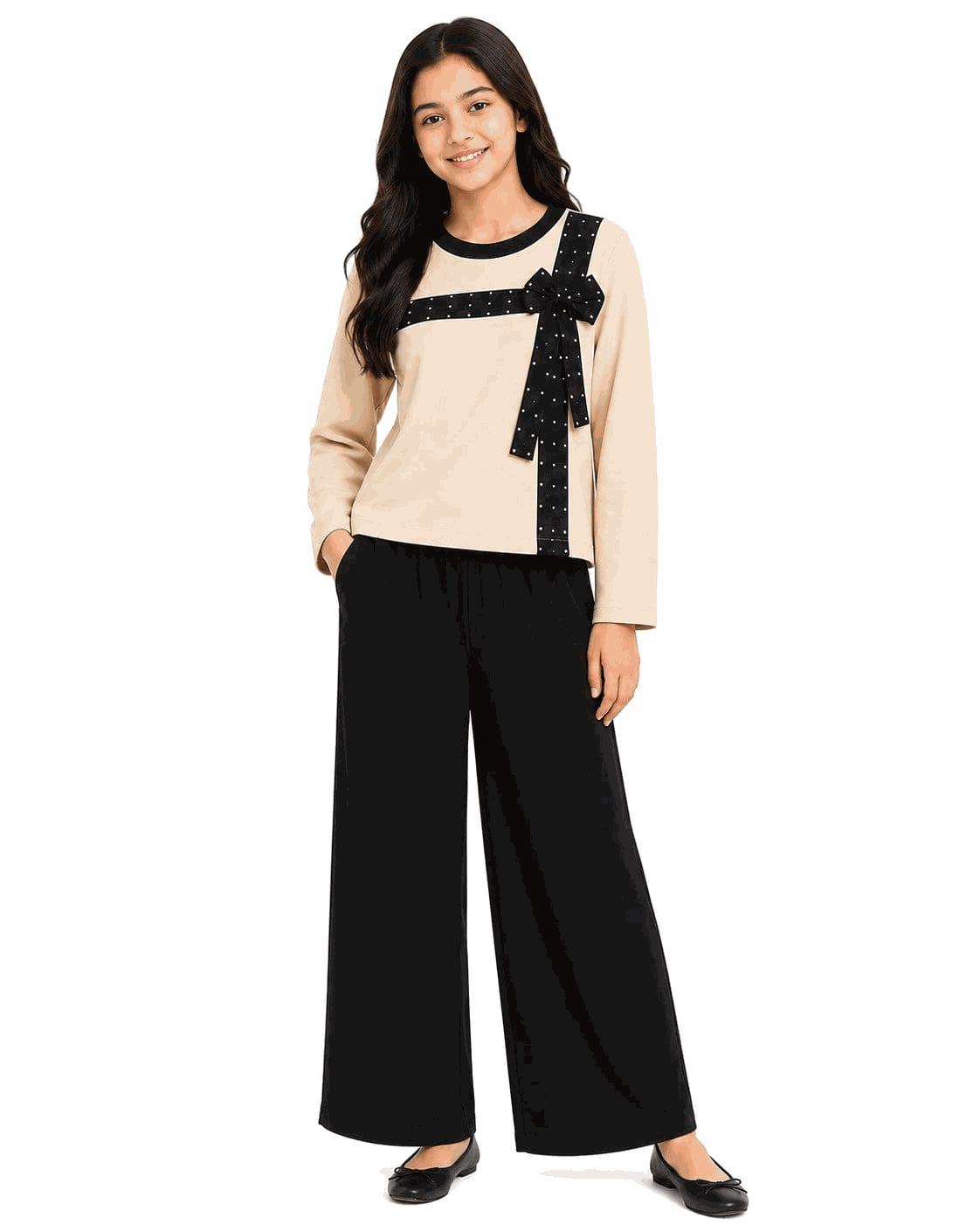 Bow With Ribbon Sequin Work Full Shirt &amp; Flapper Trouser - Skin &amp; Black