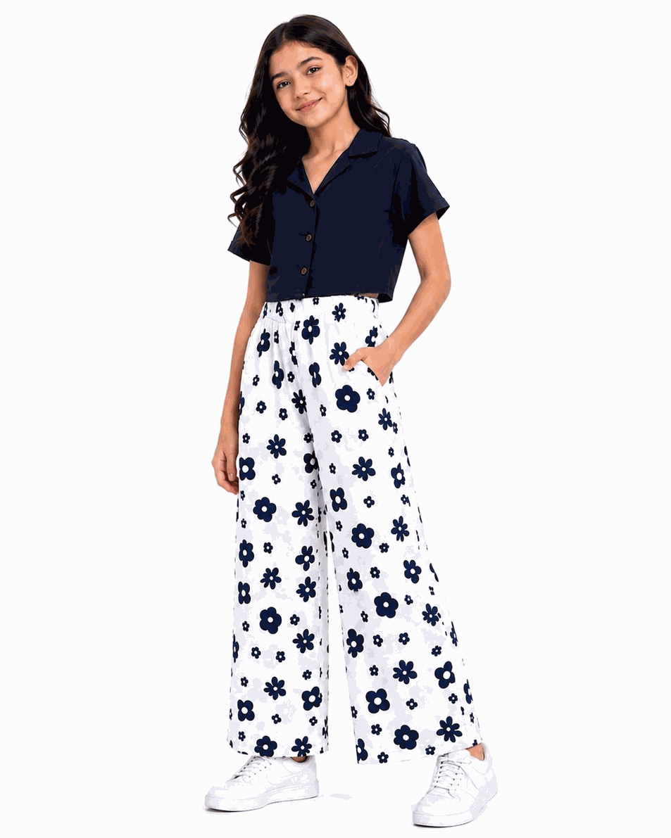 Black Flower Printed Jumpsuit with Koti - White & Black