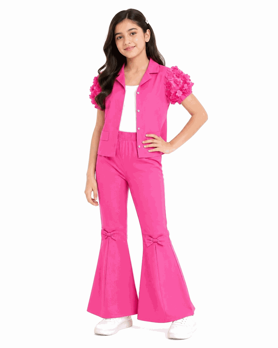 3D Flower Half Sleeve With Inner & Ball Bottom Trouser With Bow - Shocking Pink & White