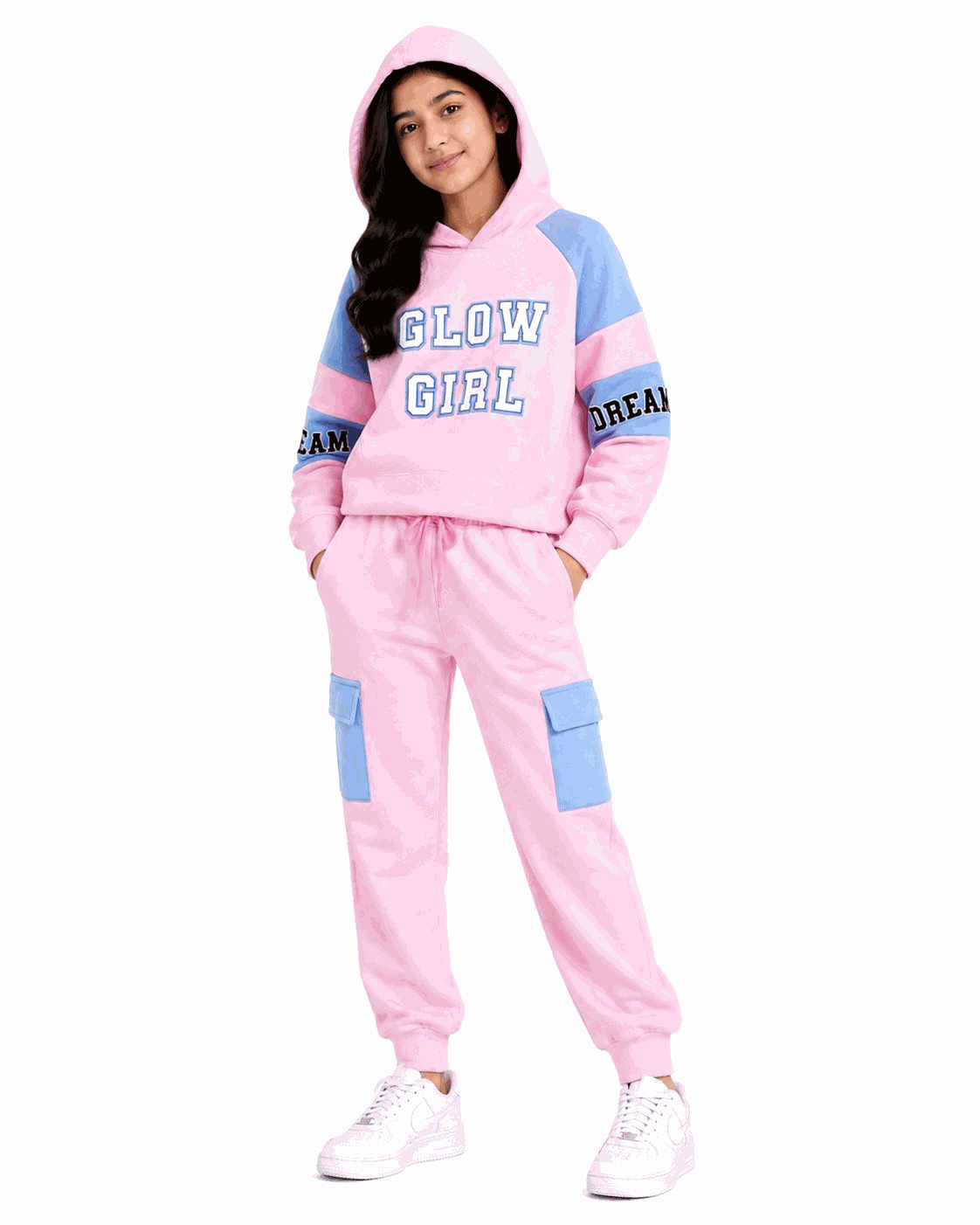 Dream Glow Girl Hoodie Fleece Tracksuit - Baby Pink & Blue