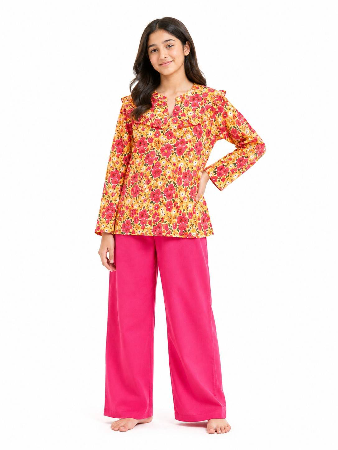Floral Garden Cotton Top & Flapper Trouser - Musterd & Shocking Pink
