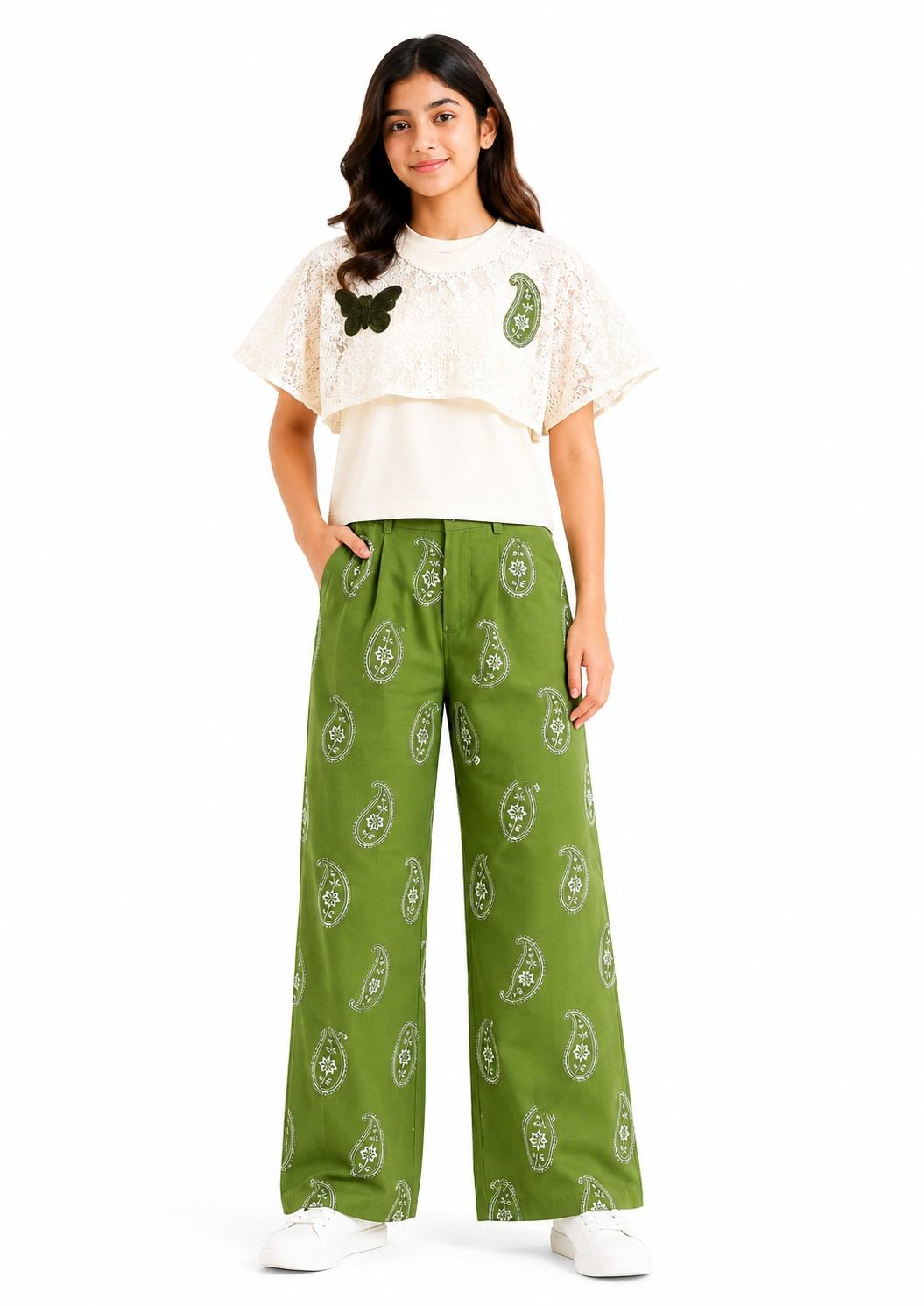 Ivory Lace Top with Green Plazo Pants -Off White & Green