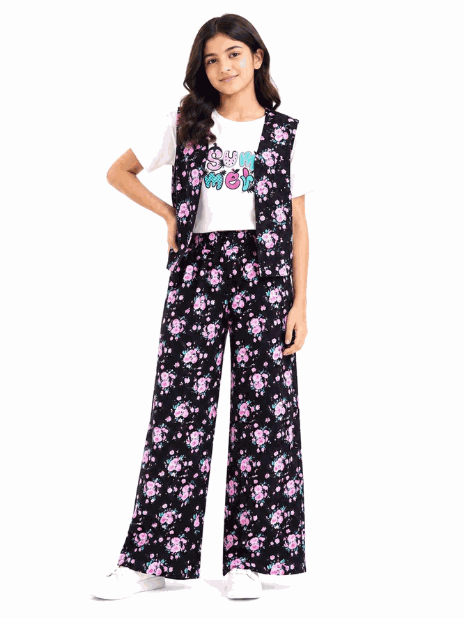 Purple Floral Printed Tee Shirt Sleeveless Inner & Flapper Trouser - Black