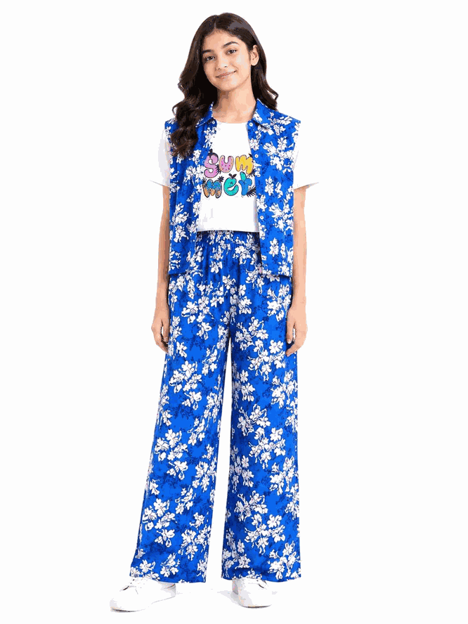 Summer Flowers Printed Tee Shirt Sleeveless Inner & Flapper Trouser - Royal Blue