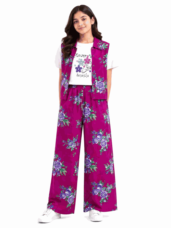 Blue Flowers Printed Tee Shirt Sleeveless Inner & Flapper Trouser - Purple