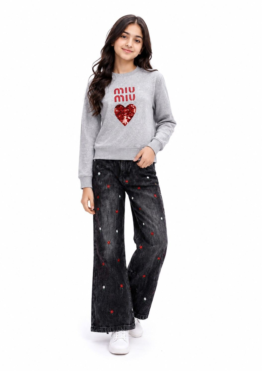 MIU Sequin Red Heart Fleece Sweatshirt With Red White Mini Floral Wide Legs Denim