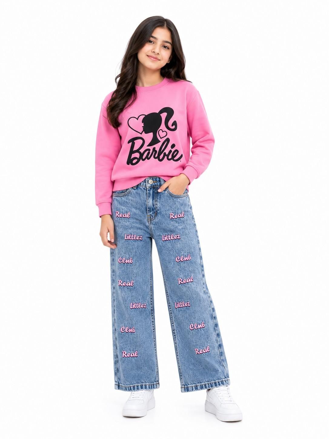 Hey Barbie Fleece SweatShirt Pink with Real Littlez Club Embroidered Denim Pant