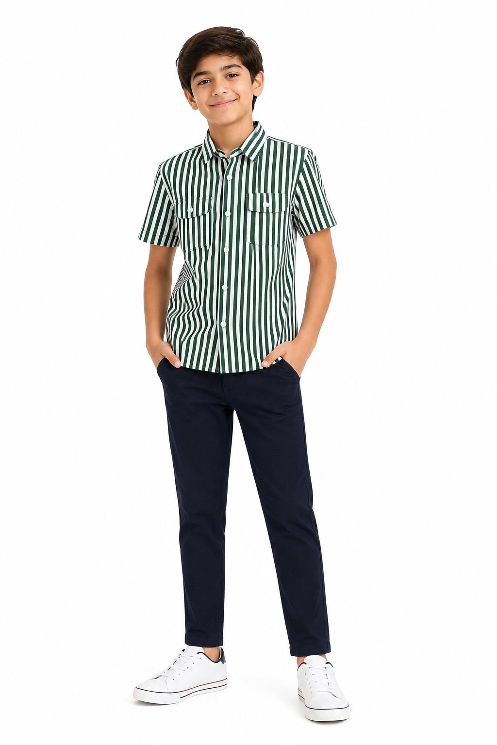 Classic White & Black Strips With Front Pocket Casual Shirt With Basic Slim Fit Kids Twill Cotton Chino Pant