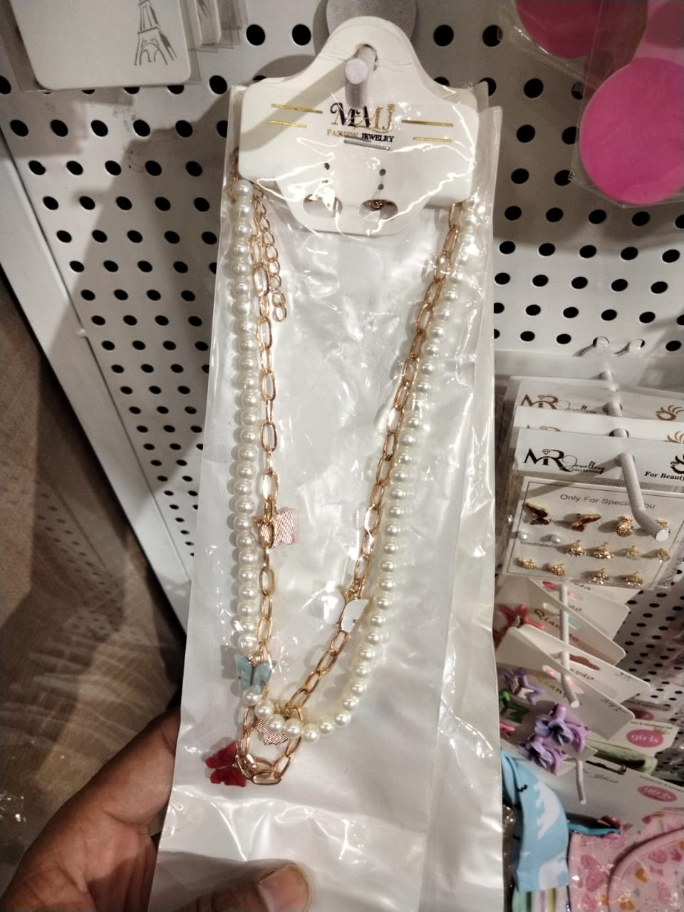 Multi Butterfly with White Pearls Necklace