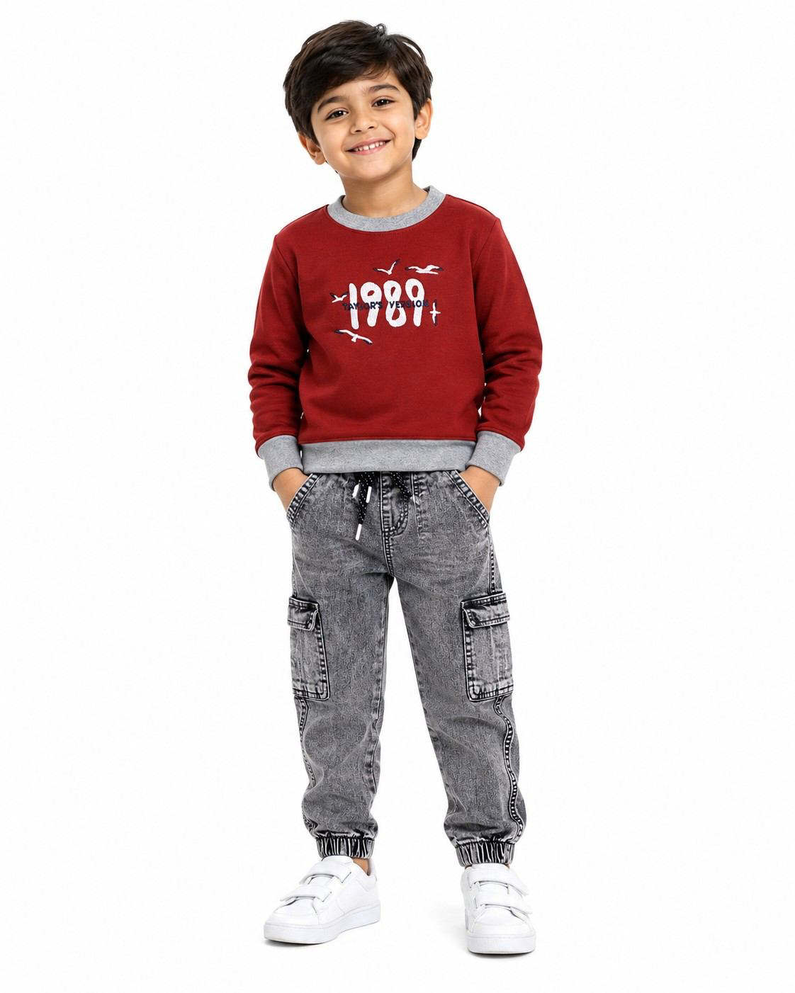 1989 Fleece SweatShirt Paired With Multi Pockets Comfort Full Elastic Waist Acid Wash Cargo Joggers