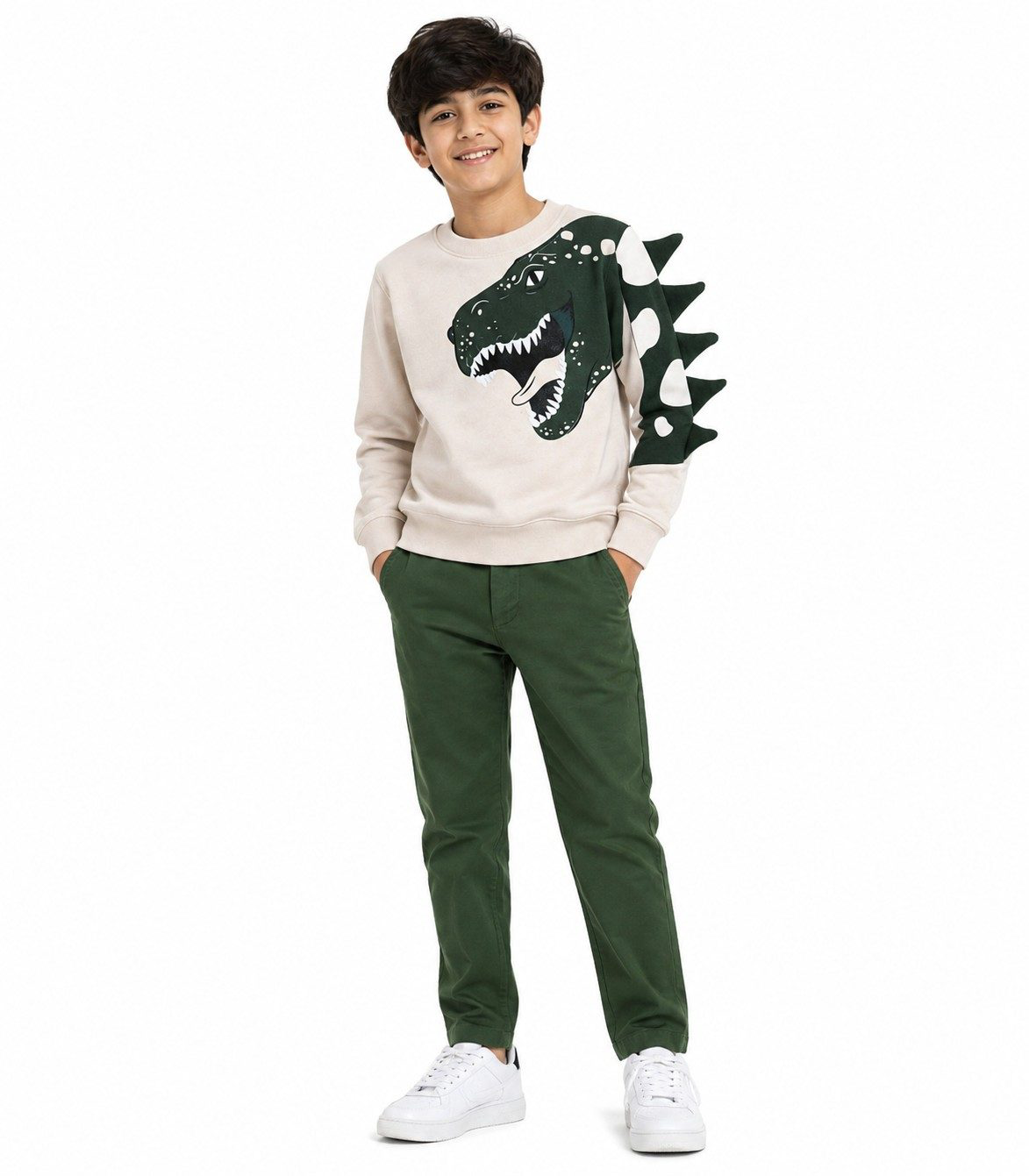 Aggressive Dino Fleece Sweatshirt Paired With Basic Slim Fit Kids Twill Cotton Chino Pant