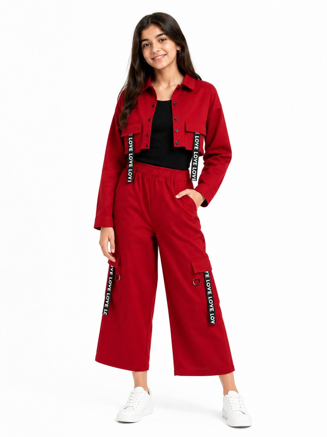 Front Pocket Full Fashion Coat Sleeveless Inner & Baggy Trouser - Red & Black
