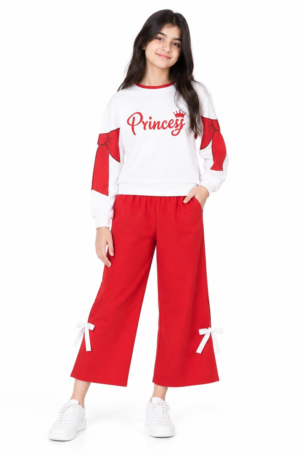 Princess Print Whit Bow Fleece Tracksuit - Skin & Red