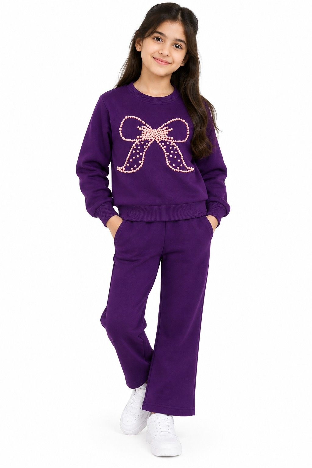 Pearls Hand Made  Bow Fleece Sweat with Flare Trouser  - Purple