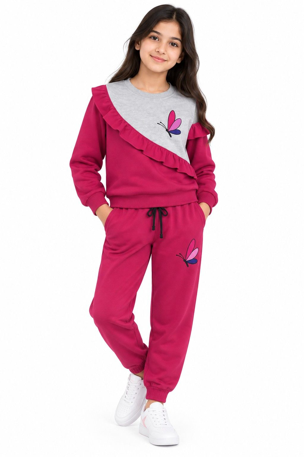 Little One Butterfly Frill Style Loose Fit Tracksuit -Shocking Pink