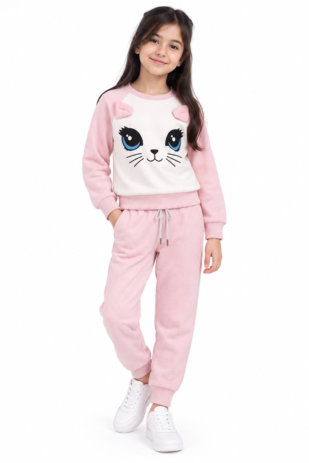 3D Kitty Face Fleece Tracksuit - White &amp; Peach