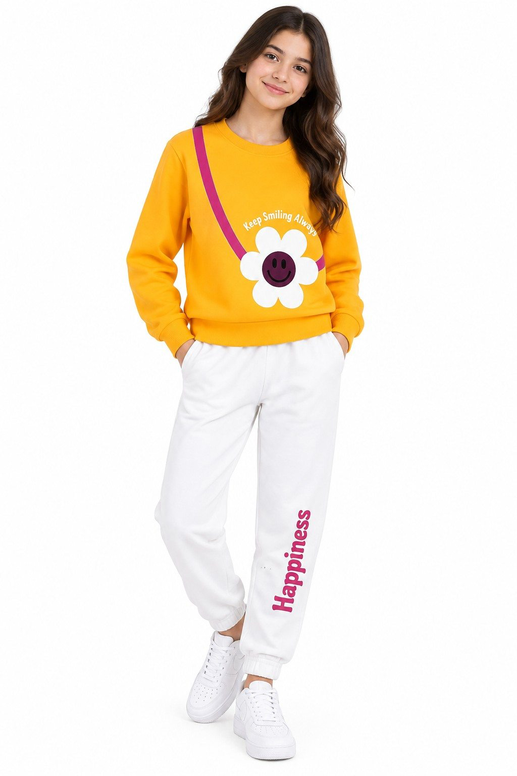 Keep Smiling Always Fleece Tracksuit -Yellow &amp; White