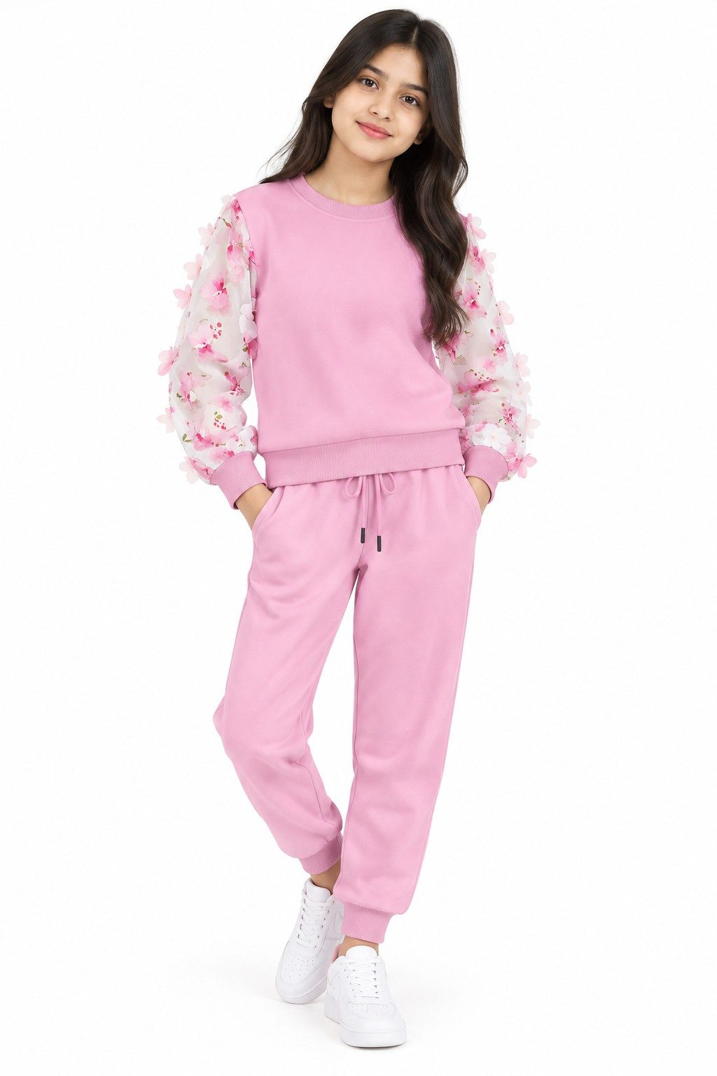 Flying 3D Butterflies Net Sleeves Fleece Tracksuit - Pink