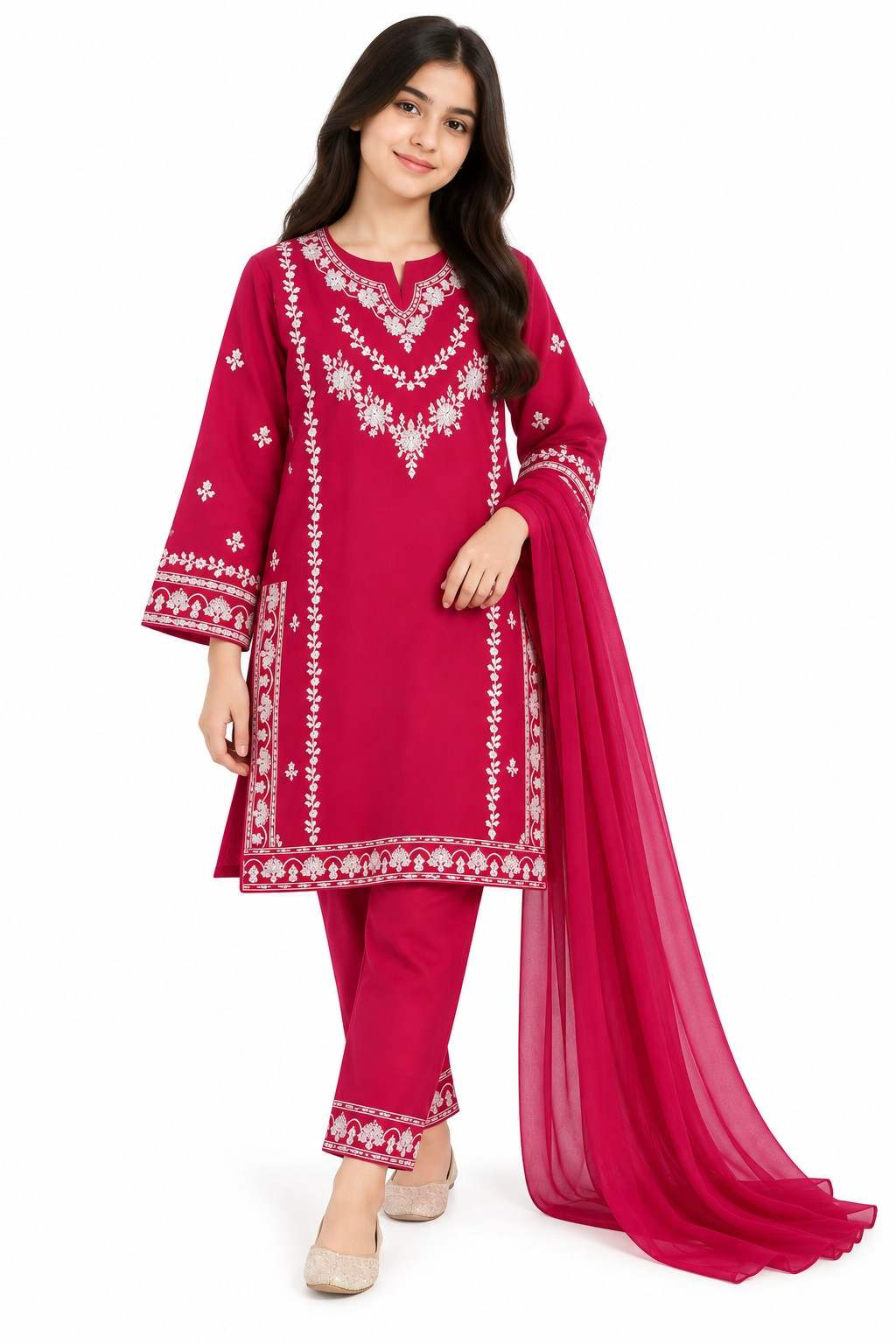 White Flower Embroidered Sequence Worked 3 Pc Khaddar Suit - Shocking Pink