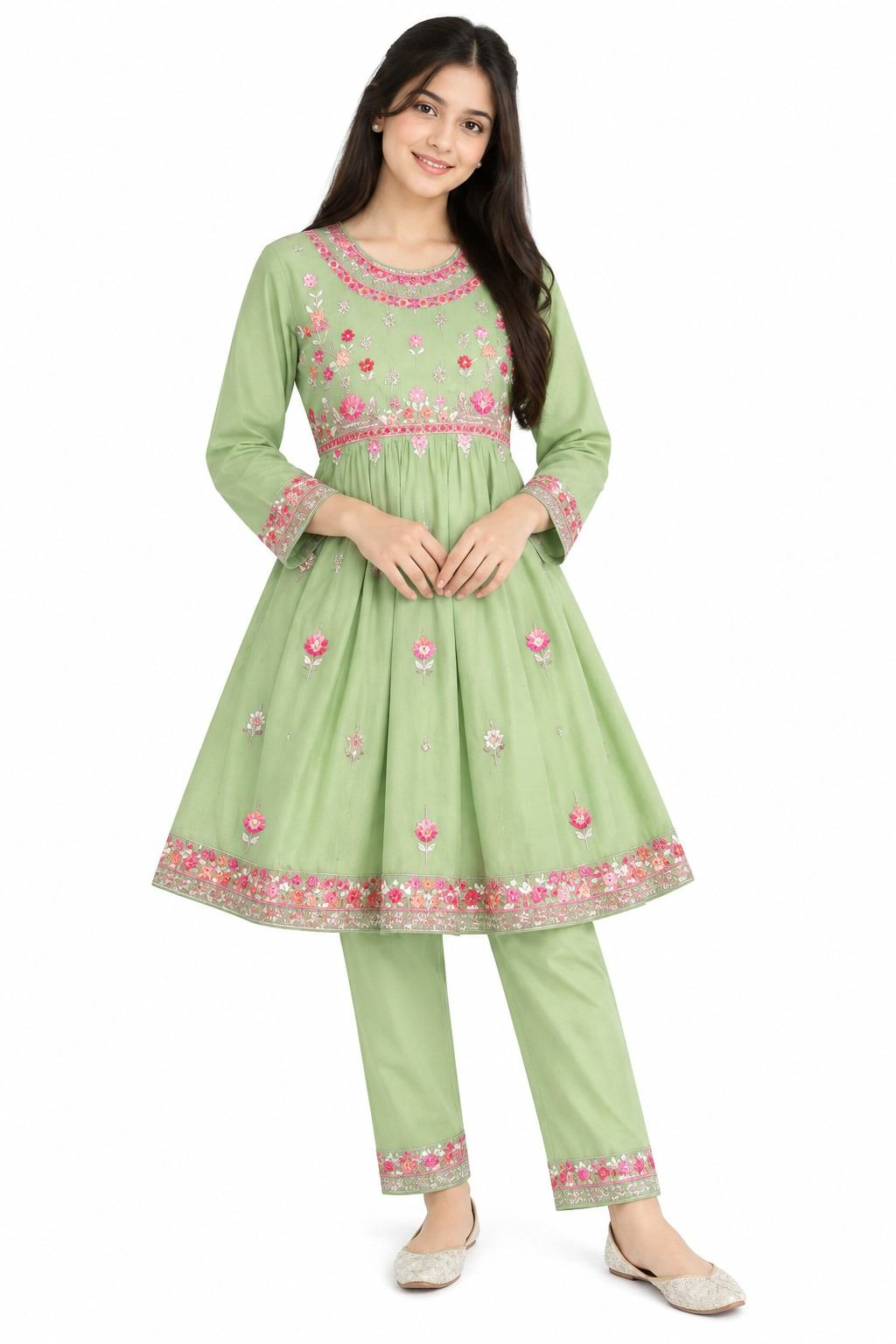 Elegant Emb &amp; Tilla Work Cotton Frock with Trouser-Pista