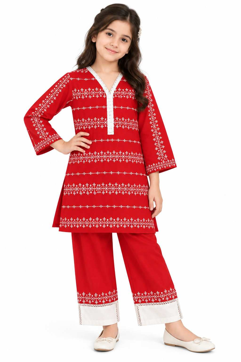 Traditional Chicken Kari Kurti &amp; Trouser - Red