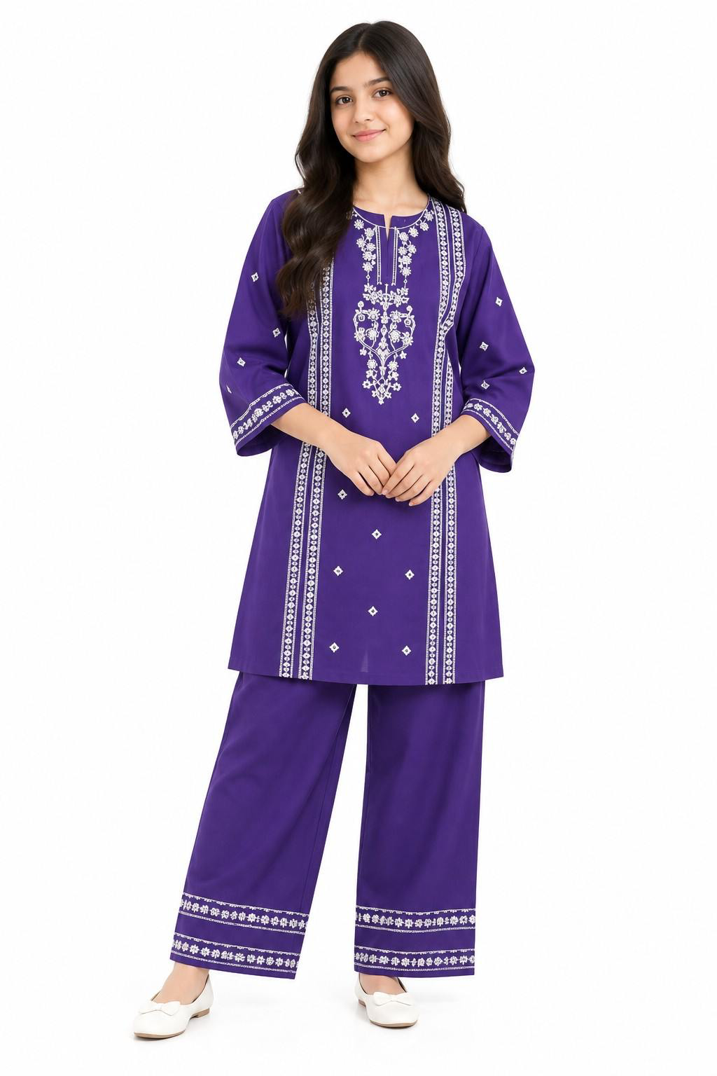Classic Embroidery Off White Khaddar Kurti with Trouser -  Purpal