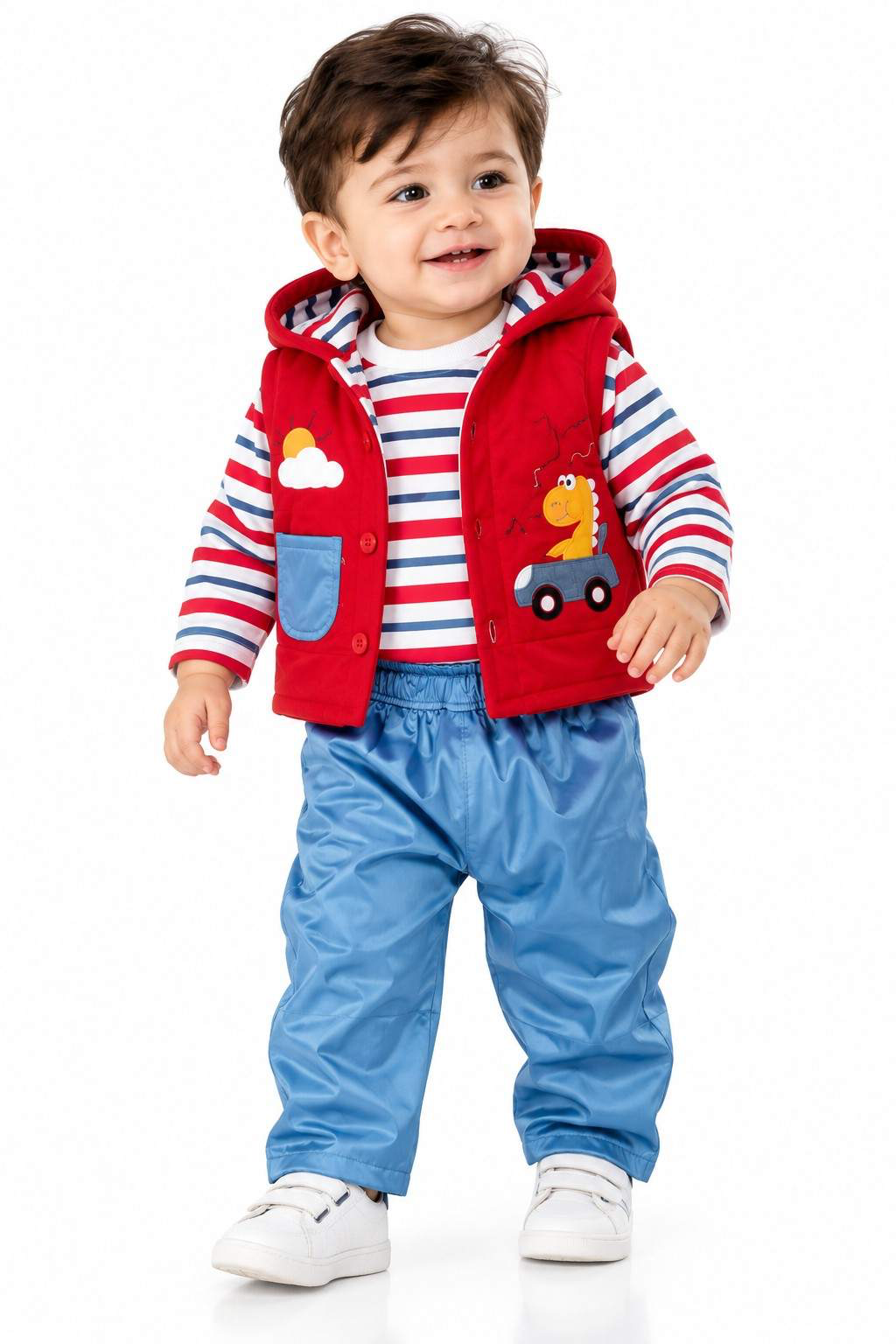 Vibrant Sun & Car Graphic Hooded Vest 3-Pic Suit