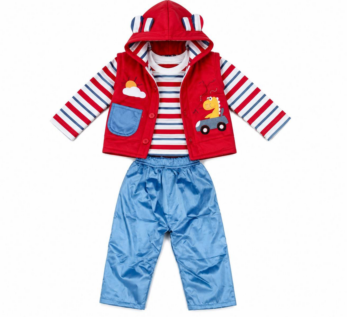 Vibrant Sun & Car Graphic Hooded Vest 3-Pic Suit