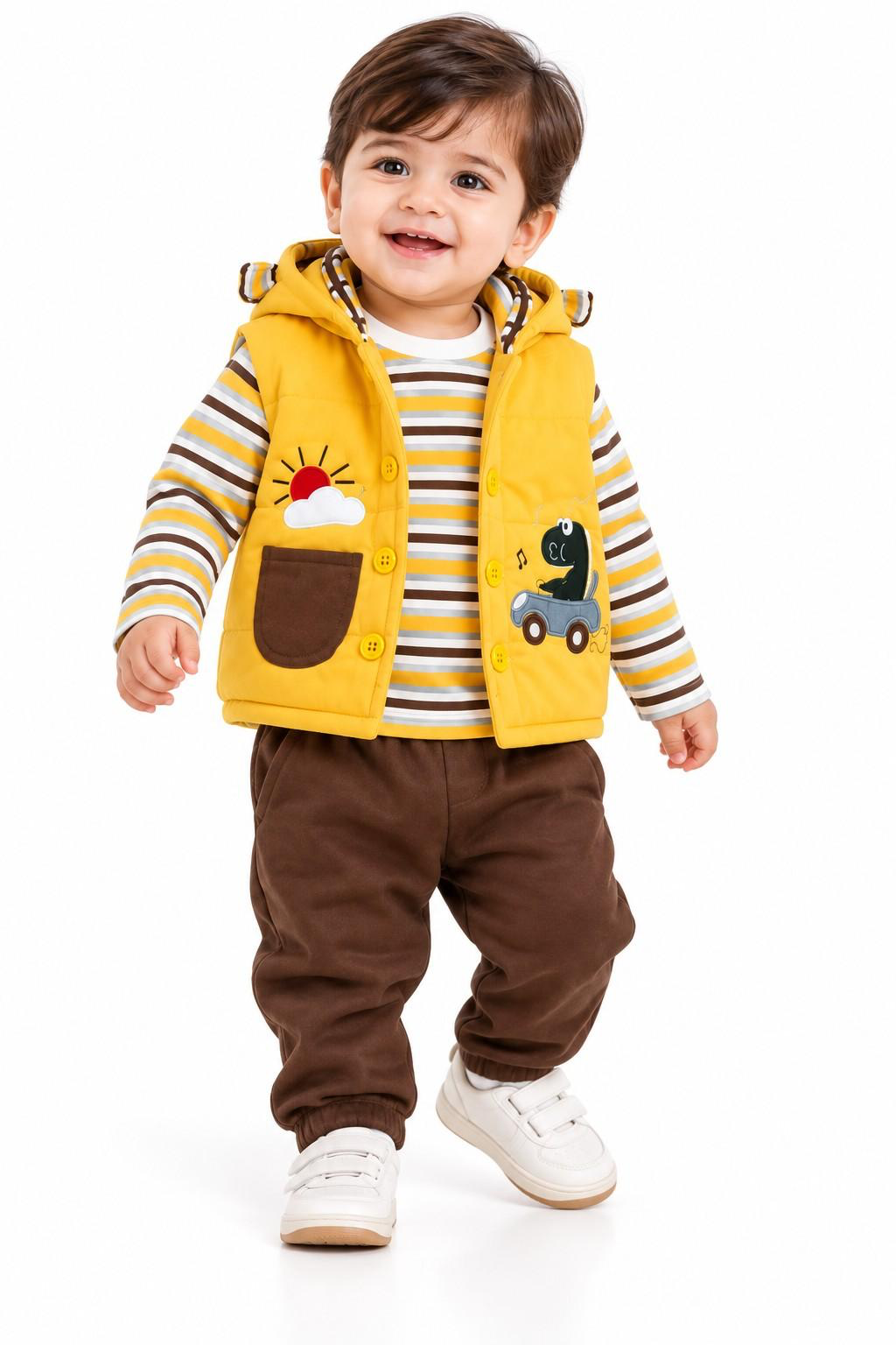 Vibrant Sun & Car Graphic Hooded Vest 3-Pic Suit