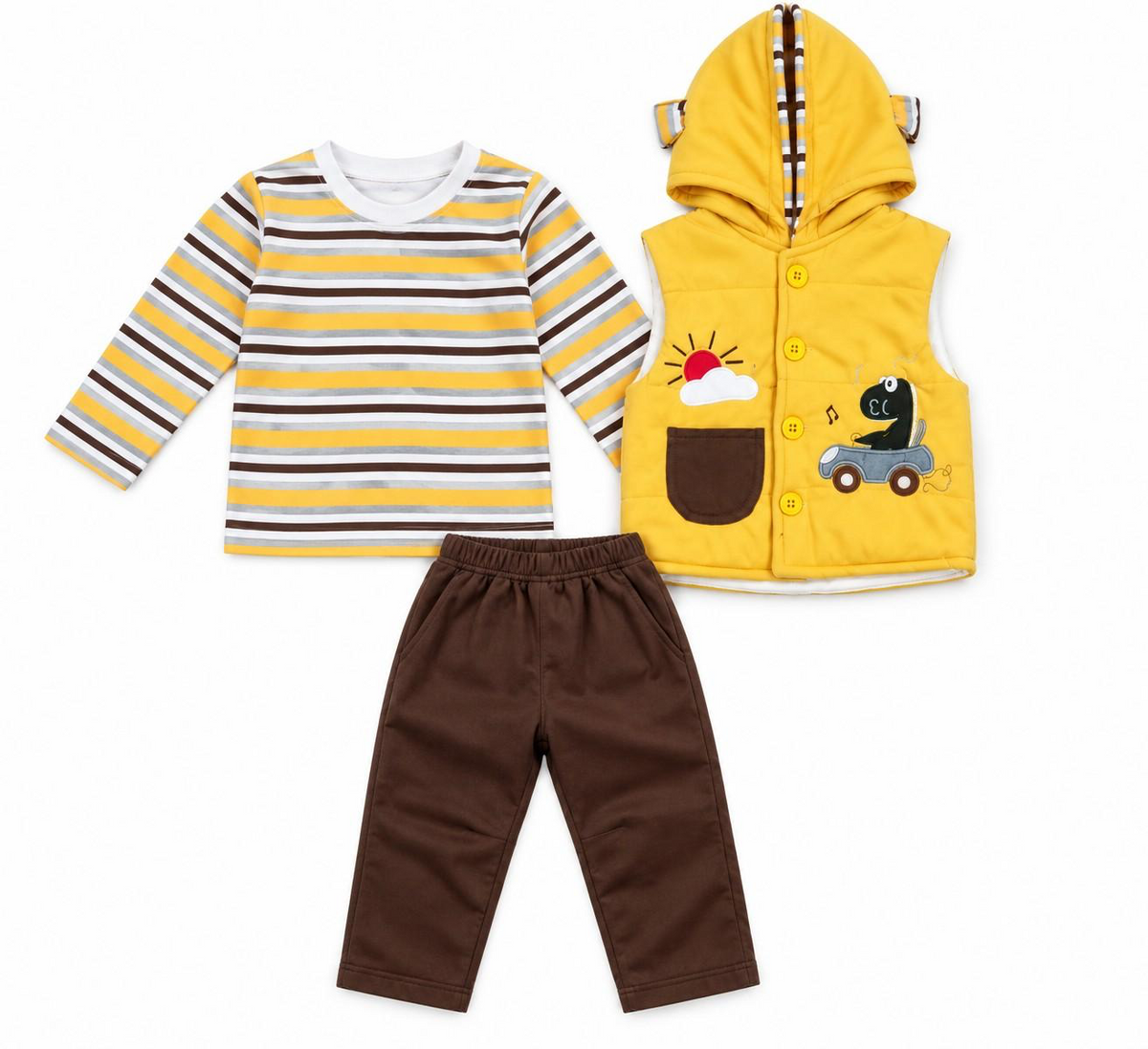 Vibrant Sun & Car Graphic Hooded Vest 3-Pic Suit