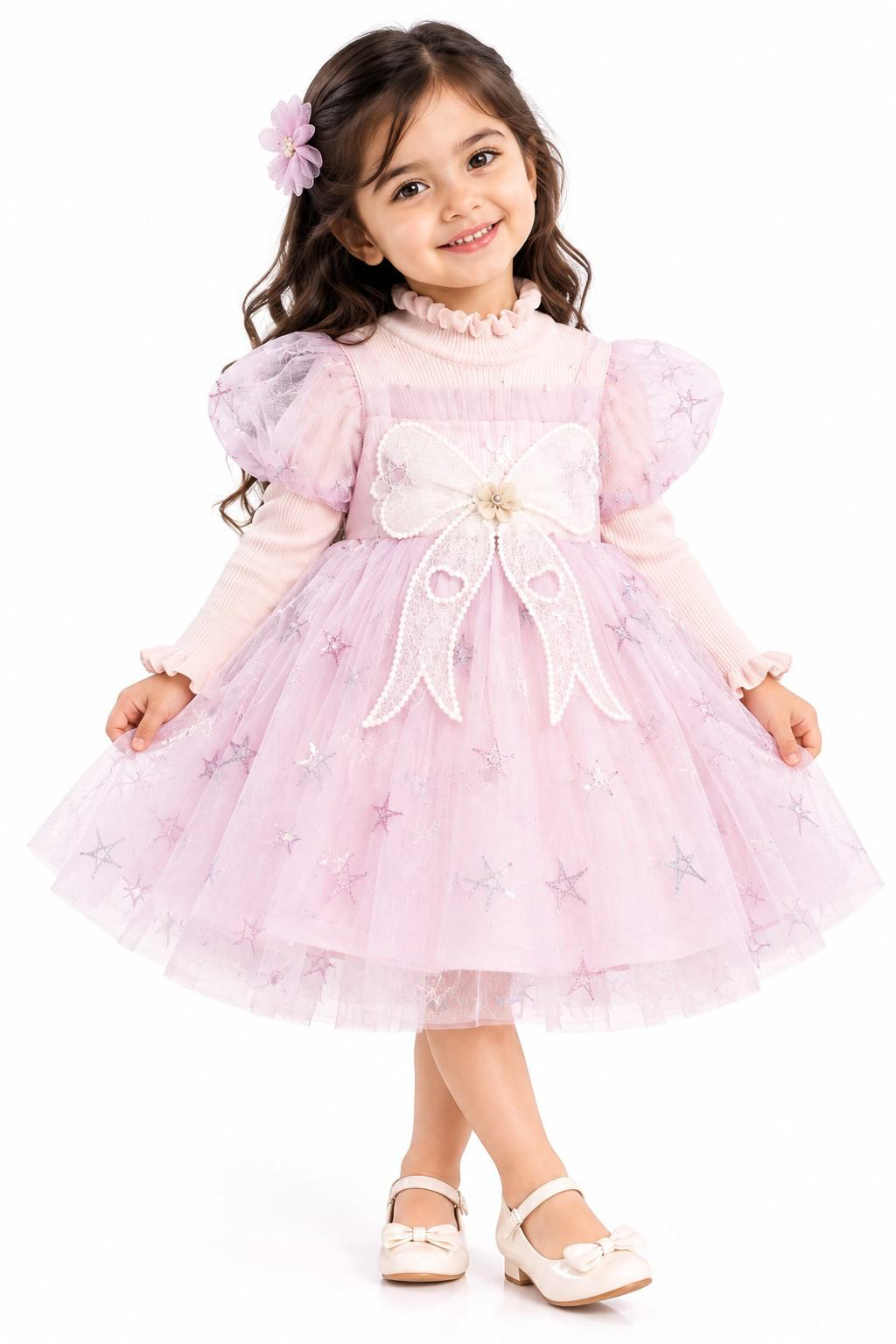 Girls Sequin Star Tulle Party Dress with Big Bow - Pink