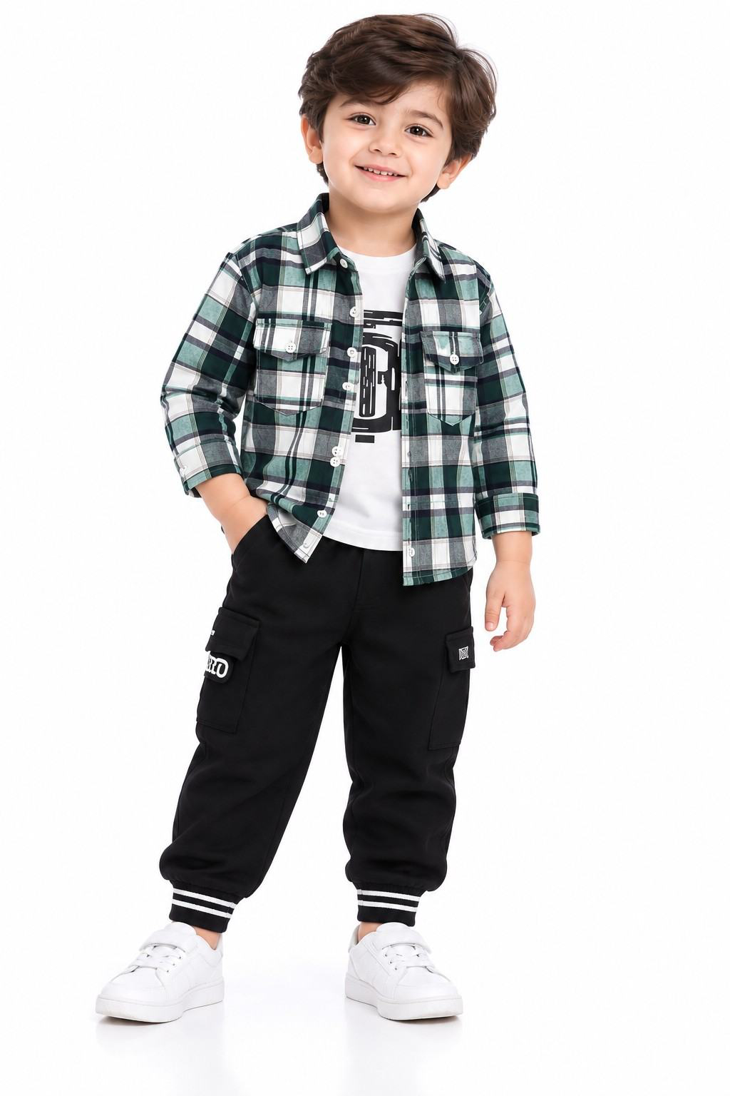 Green Check Fornt Pocket Full Sleeves Inner & Jogger Pent 3 pc - Black & White