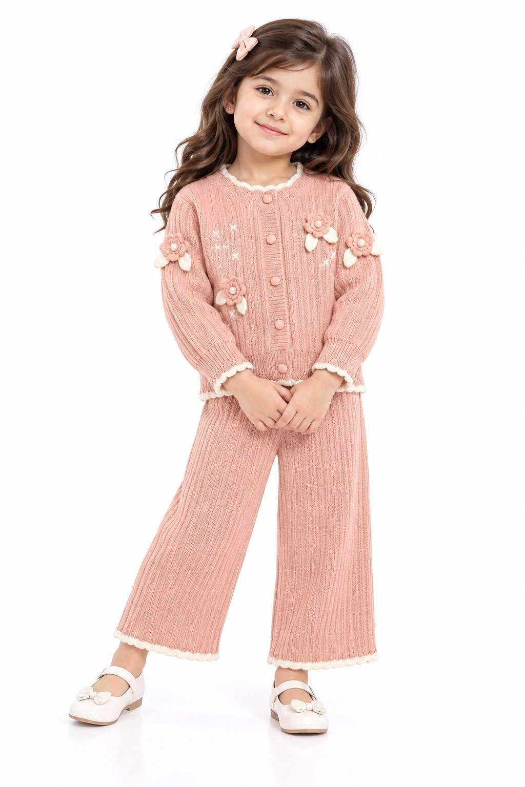 Girl Knit Floral Design Sweater Full Fleece Shirt & Trouser - Peach