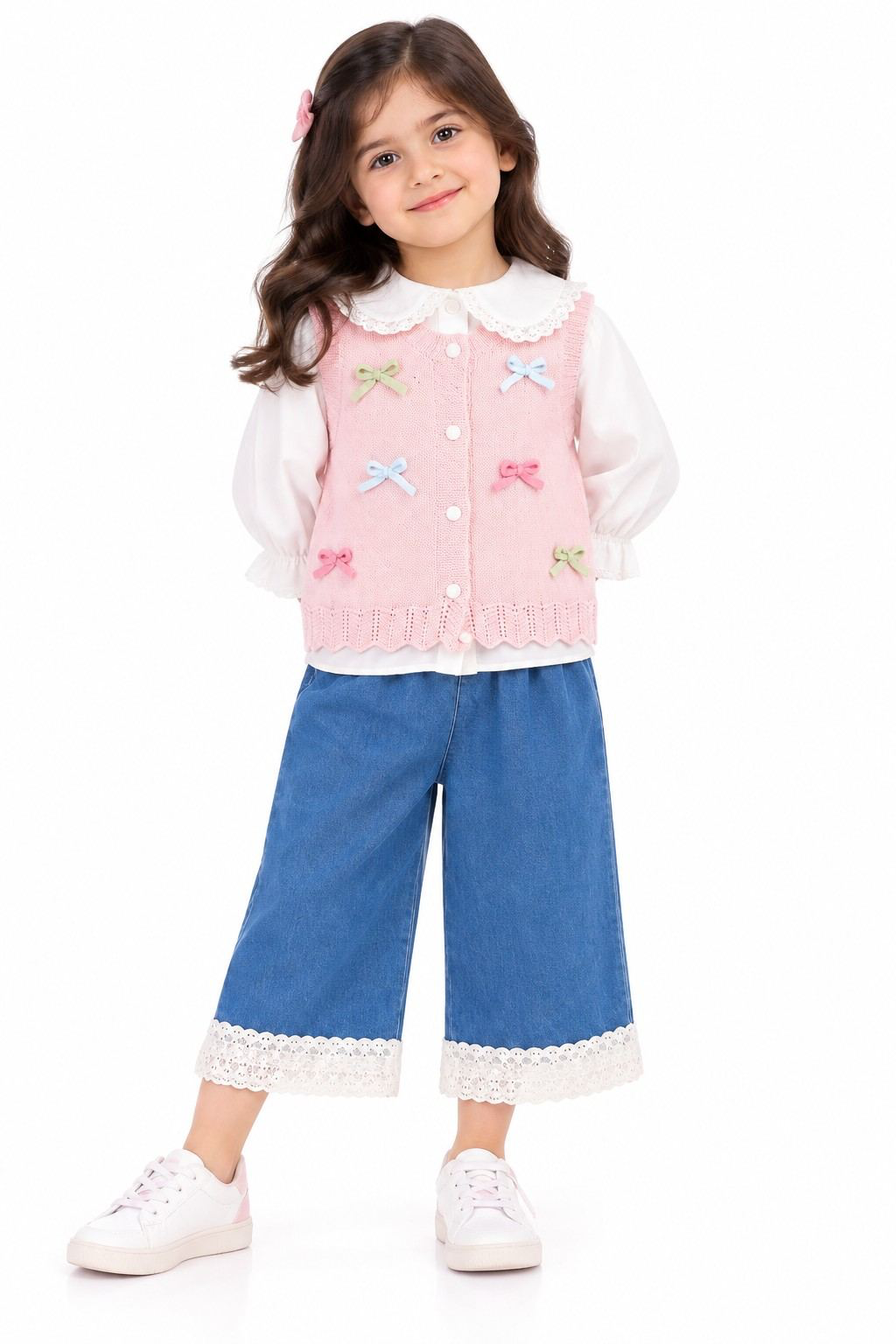 Elegant Pink Bow Knit Waistcoat Wool with White Lace Top & Jeans - Pink & White