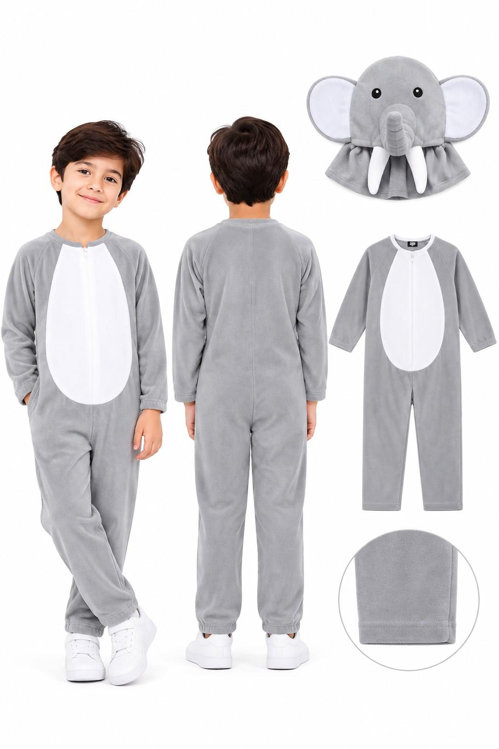 Kids Elephant Costume Jumpsuit with Matching Hat - Grey