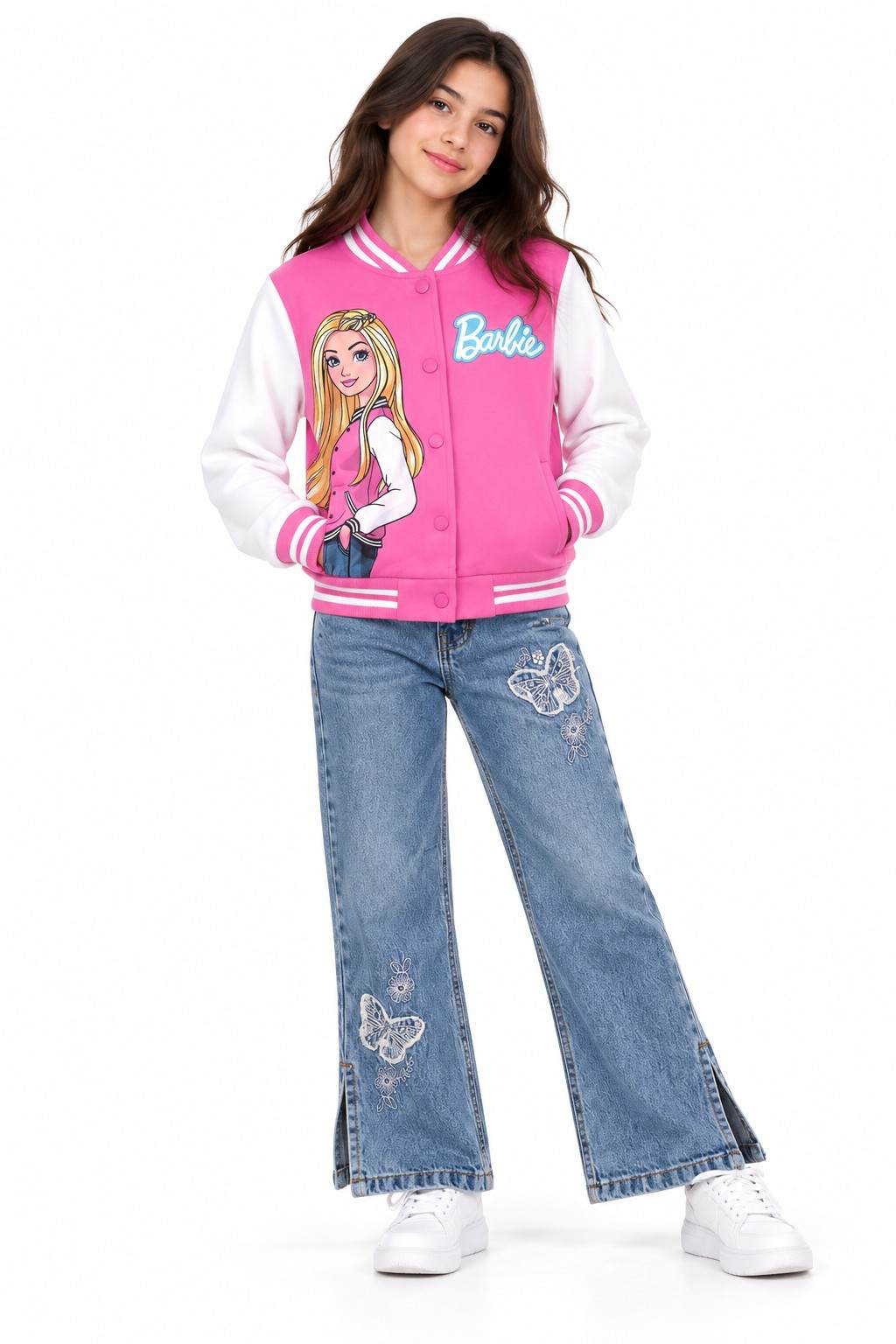 Barbie Stylish Girl BaseBall Fleece Jacket Paired With Wild Butterflies Loose Fit Acid Wash Denim