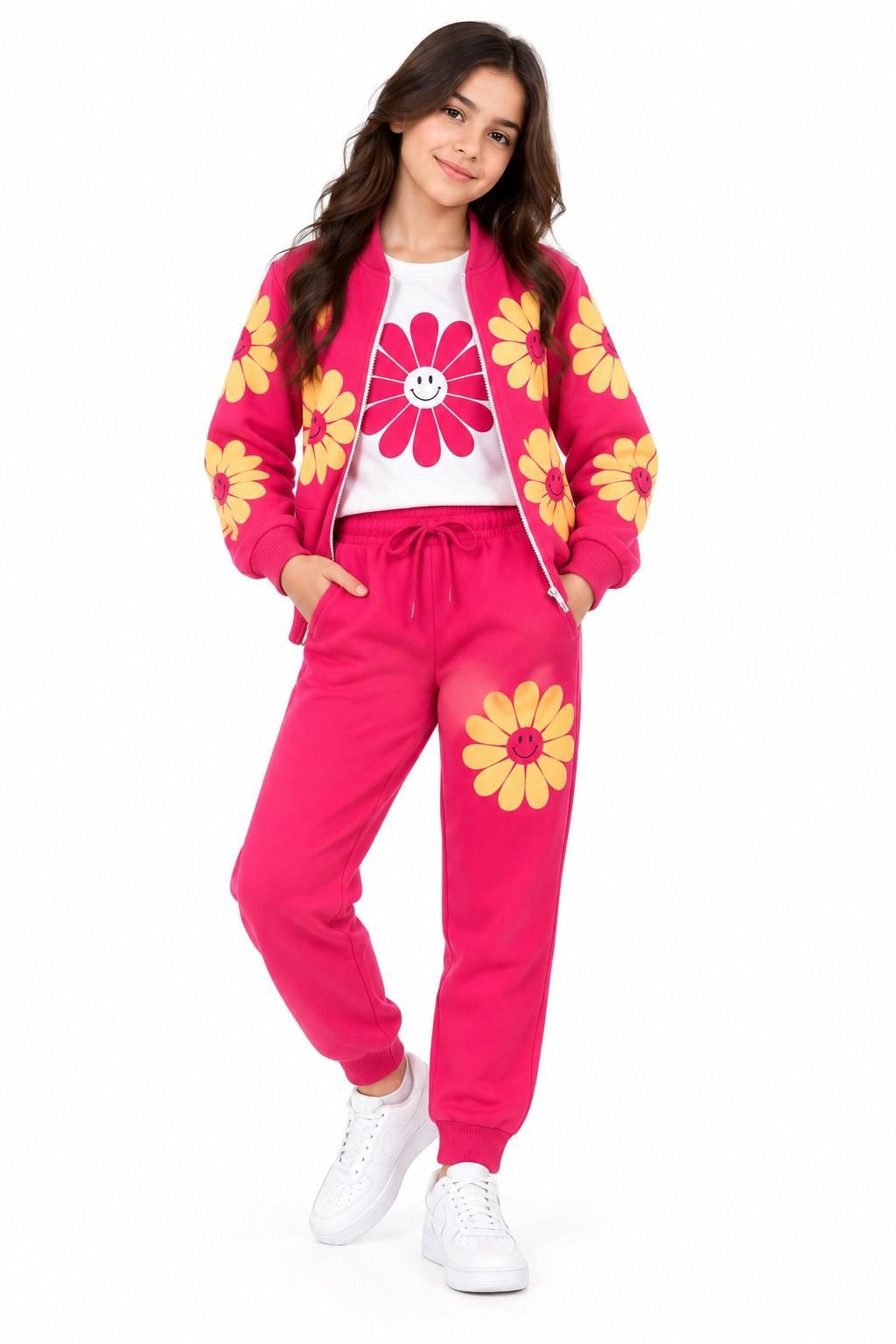 Yellow & Pink Smiley Flower 3-Piece Fleece Tracksuit - Pink