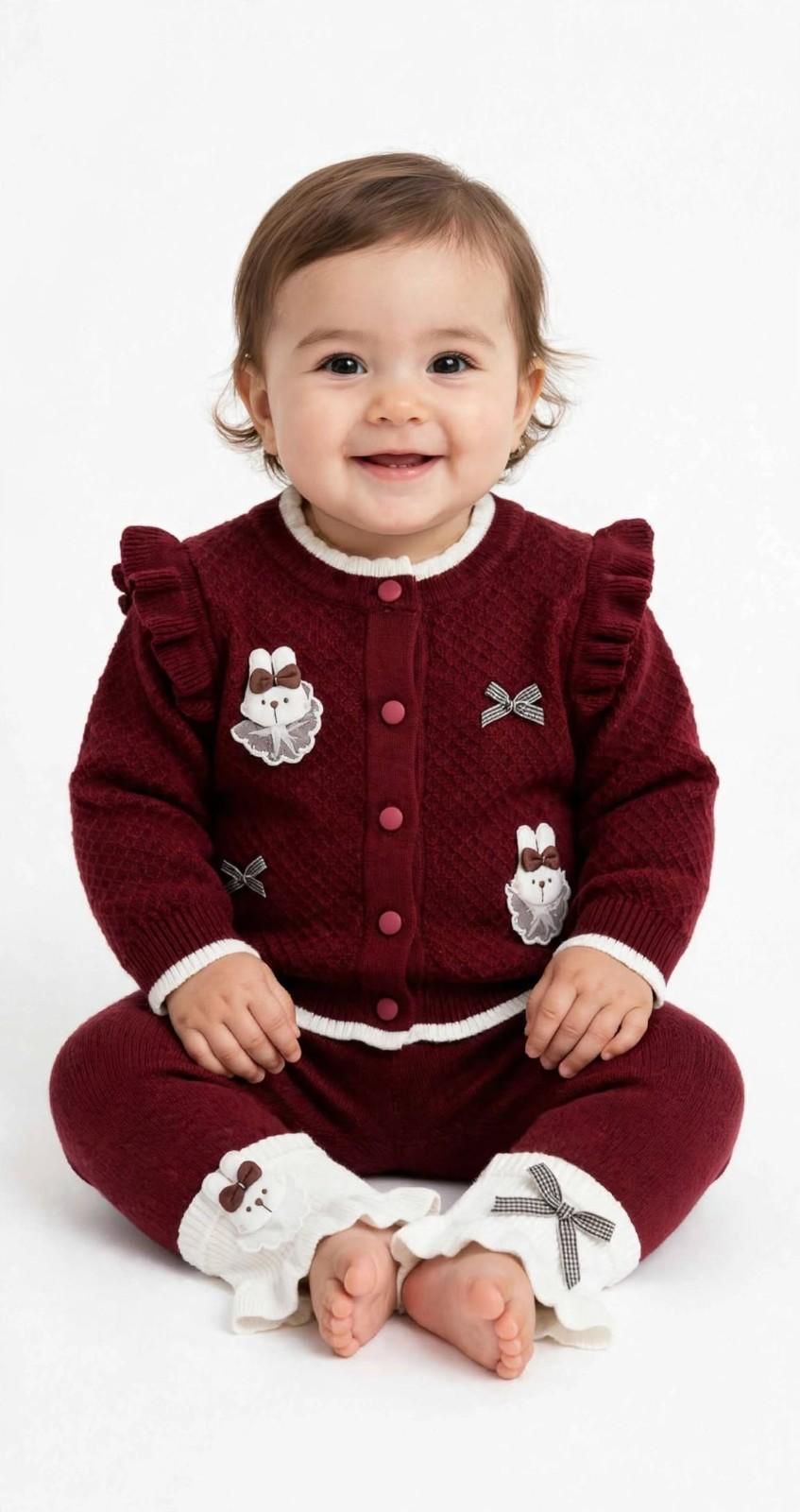 Dancing Kitty With Bow Frill Sleeve Wool Tracksuit - Maroon & Off White